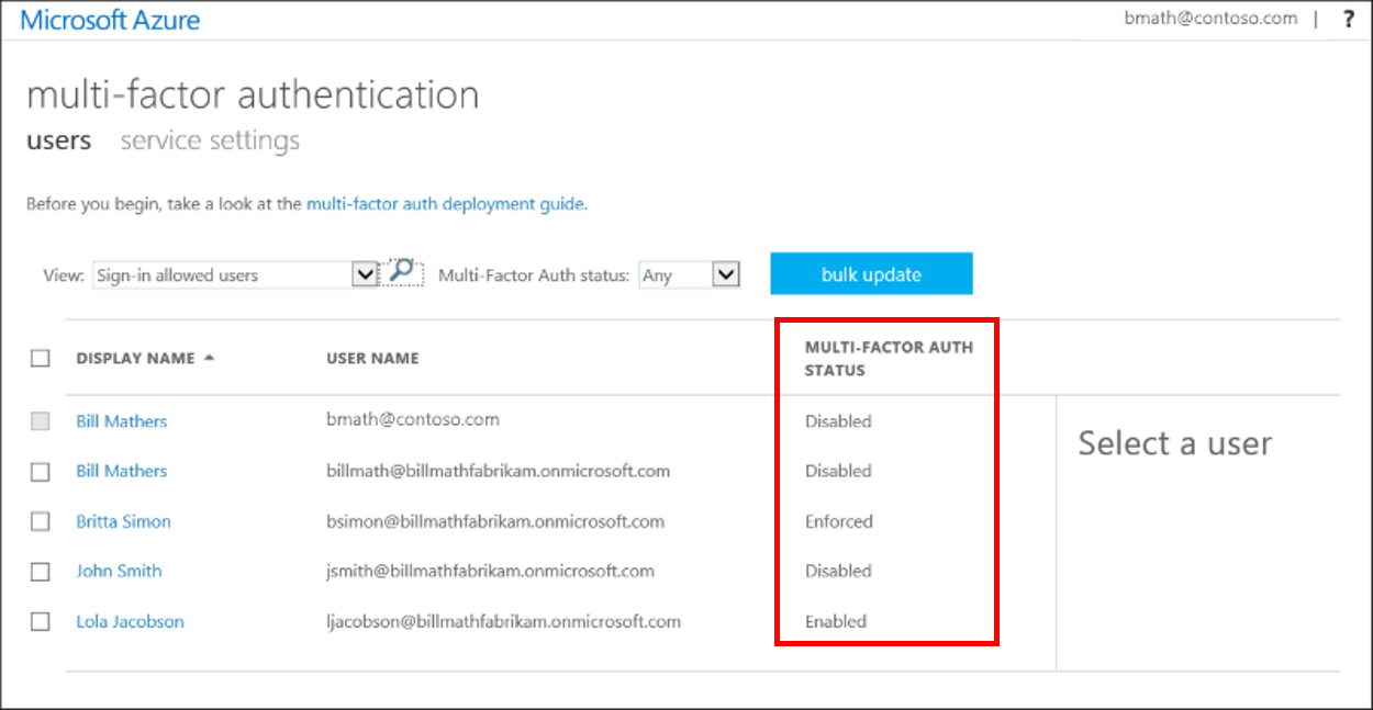 Captura de pantalla que muestra información de ejemplo del estado del usuario de la autenticación multifactor de Microsoft Entra.