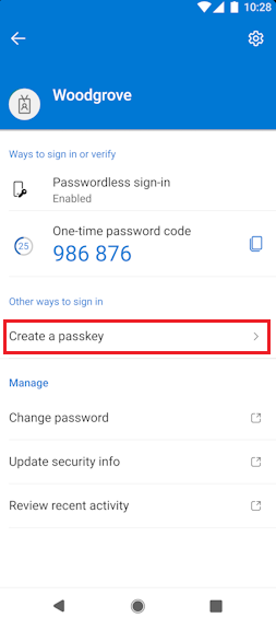 Captura de pantalla de cómo crear una clave de acceso en Authenticator para dispositivos iOS.