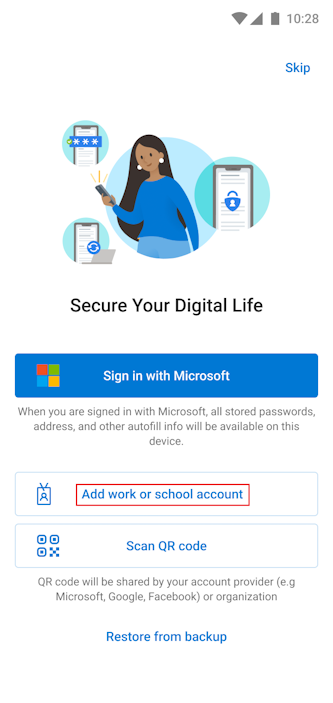 Captura de pantalla de la primera pantalla que aparece en Microsoft Authenticator para dispositivos Android.