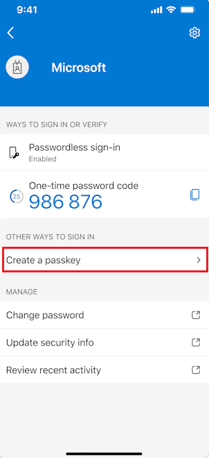 Captura de pantalla de cómo crear una clave de acceso en Authenticator para dispositivos iOS.