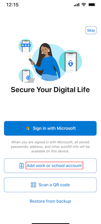 Captura de pantalla de la primera pantalla que aparece en Microsoft Authenticator para dispositivos iOS.