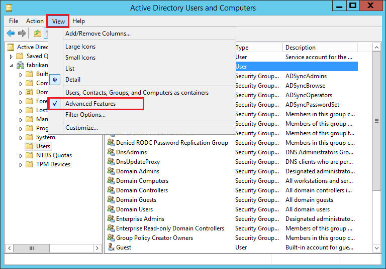 Los usuarios y equipos de Active Directory muestran las funciones avanzadas