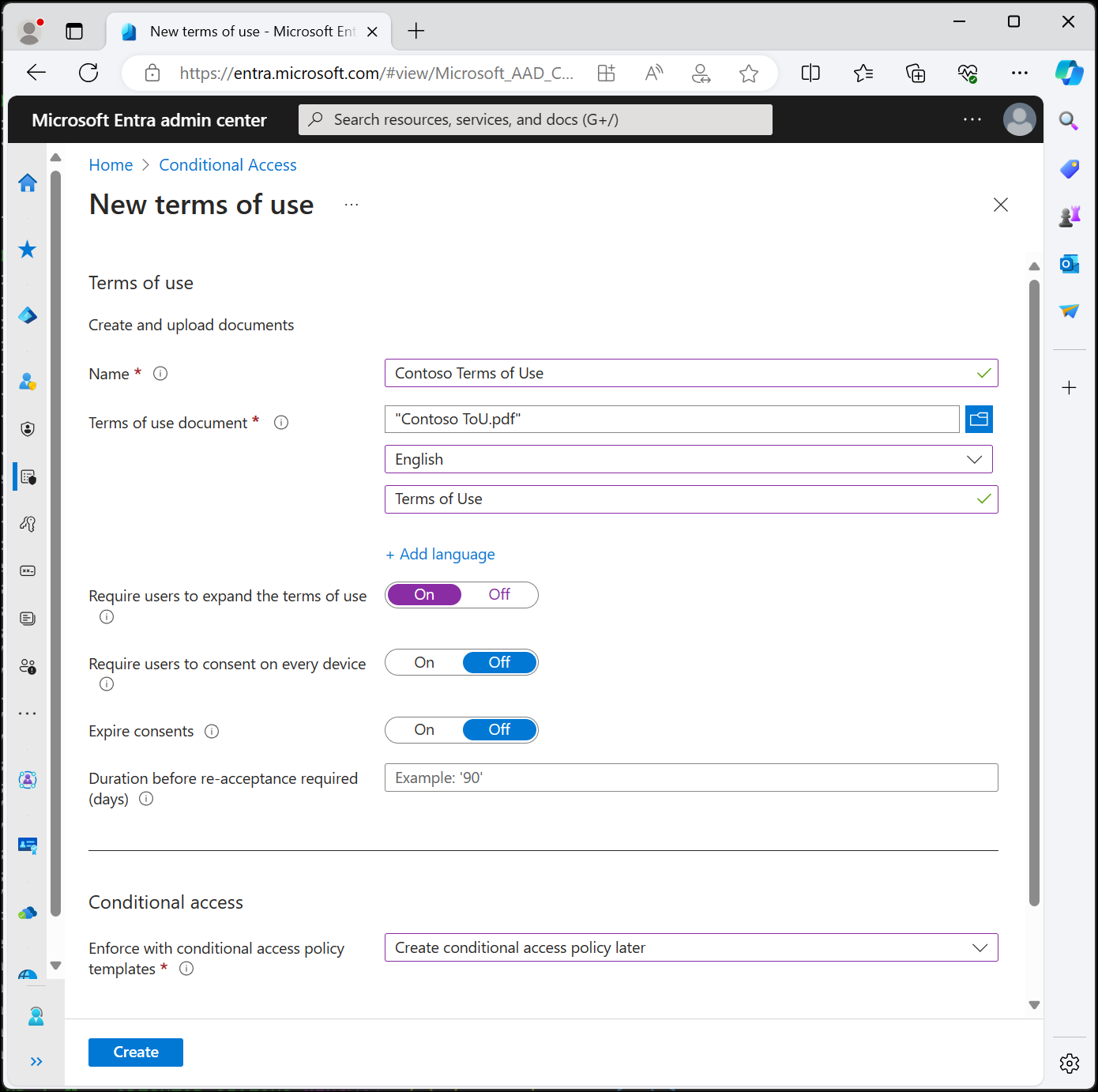 Captura de pantalla que muestra el panel nuevos términos de uso para especificar la configuración de los términos de uso.