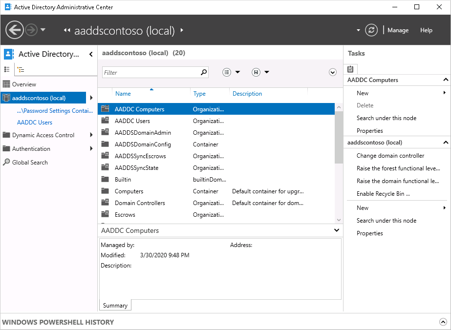 Select your managed domain in the Active Directory Administrative Center