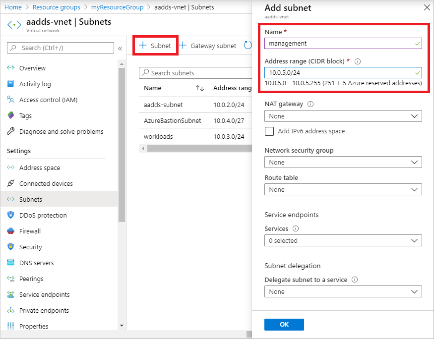 Crear una configuración de subred