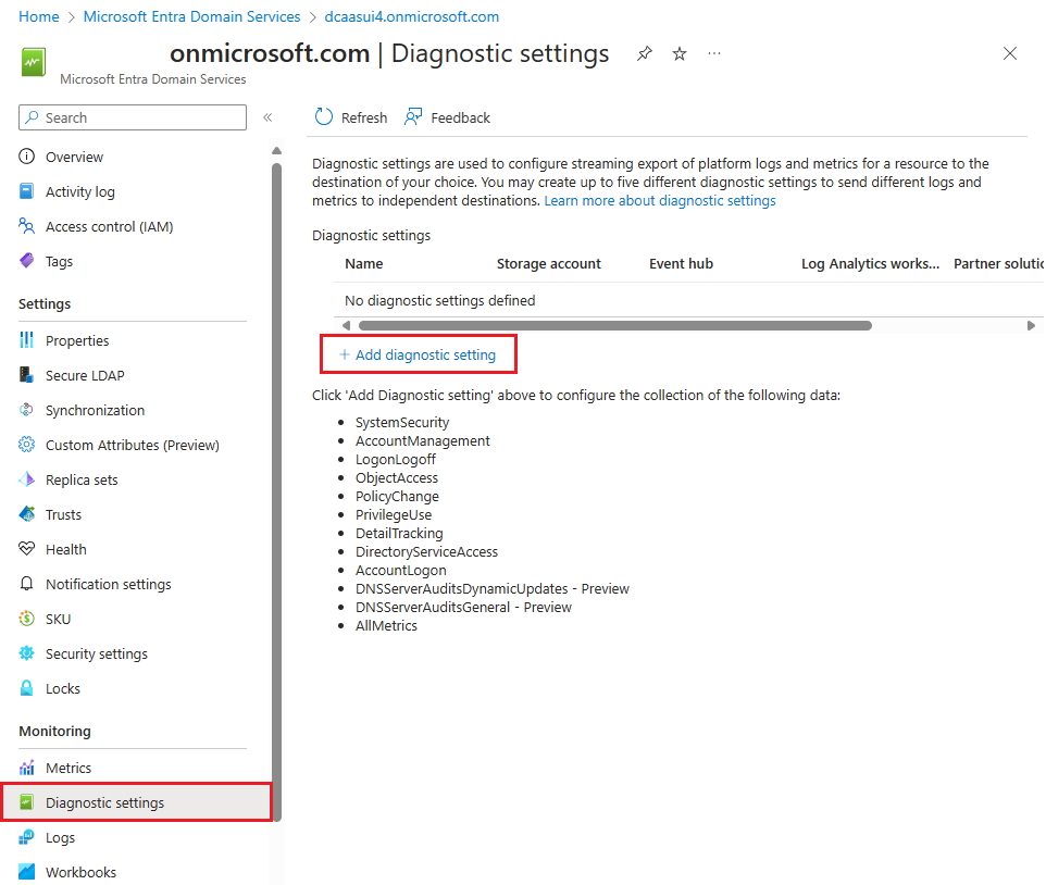 Agregar una configuración de diagnóstico de Microsoft Entra Domain Services