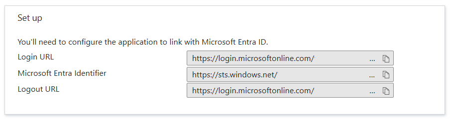 Screenshot showing the Microsoft Entra Login URL and identifier for an enterprise application.