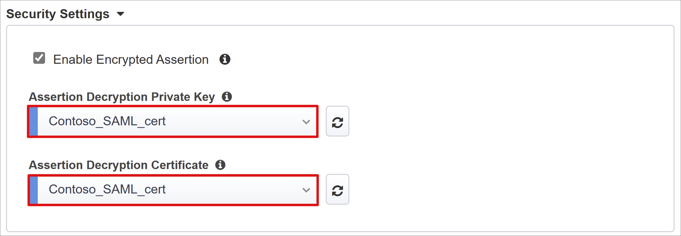 Captura de pantalla de las entradas Clave privada de descifrado de aserción y Certificado de descifrado de aserción en Configuración de seguridad.