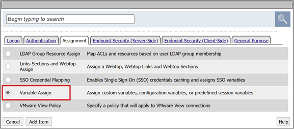 Captura de pantalla de la opción Variable Assign (Asignación de variable) en la pestaña Assignment (Asignación).