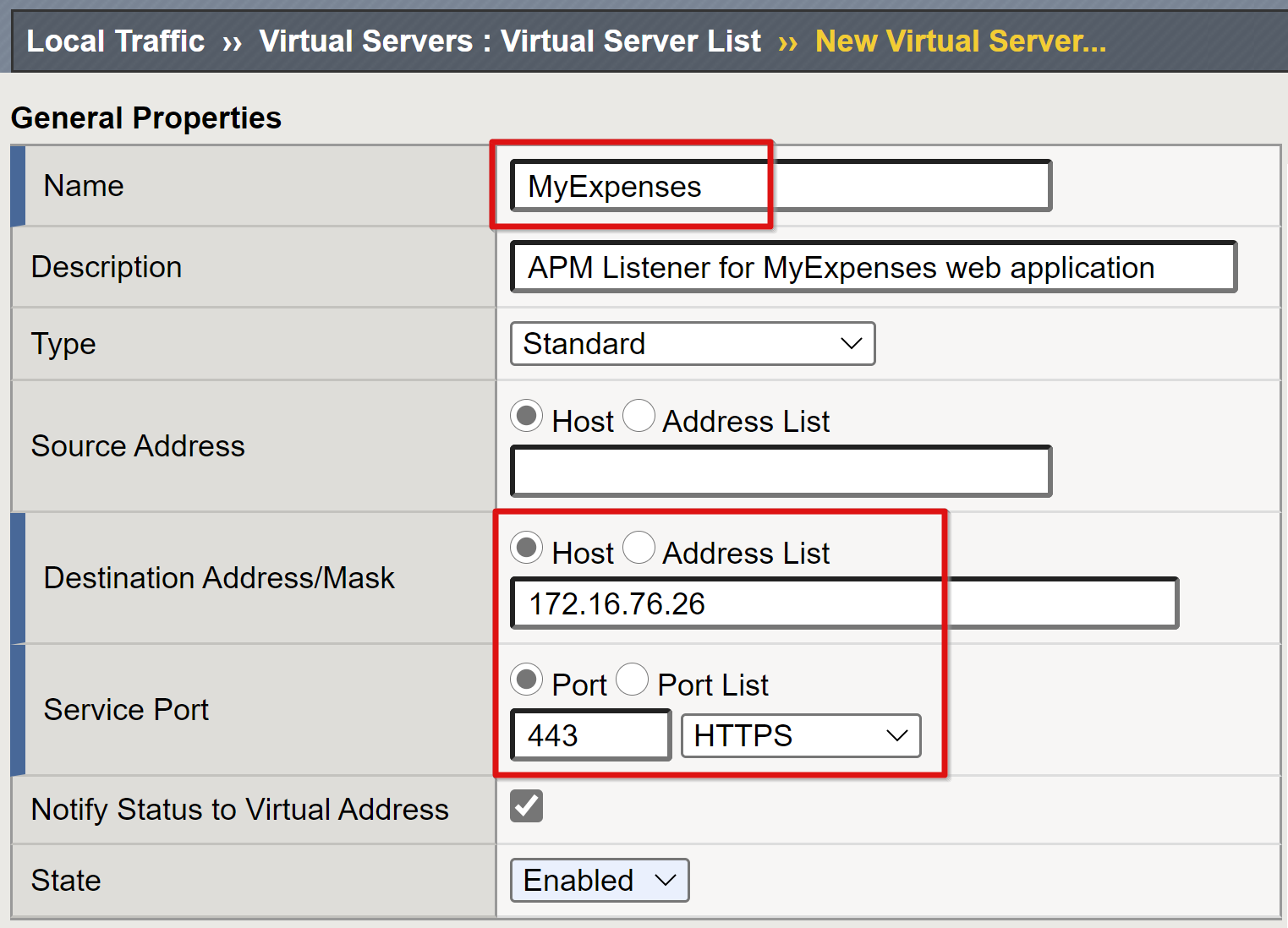 Captura de pantalla de las entradas Name (Nombre), Destination Address/Mask (Dirección o máscara de destino) y Service Port (Puerto de servicio) en General Properties (Propiedades generales).