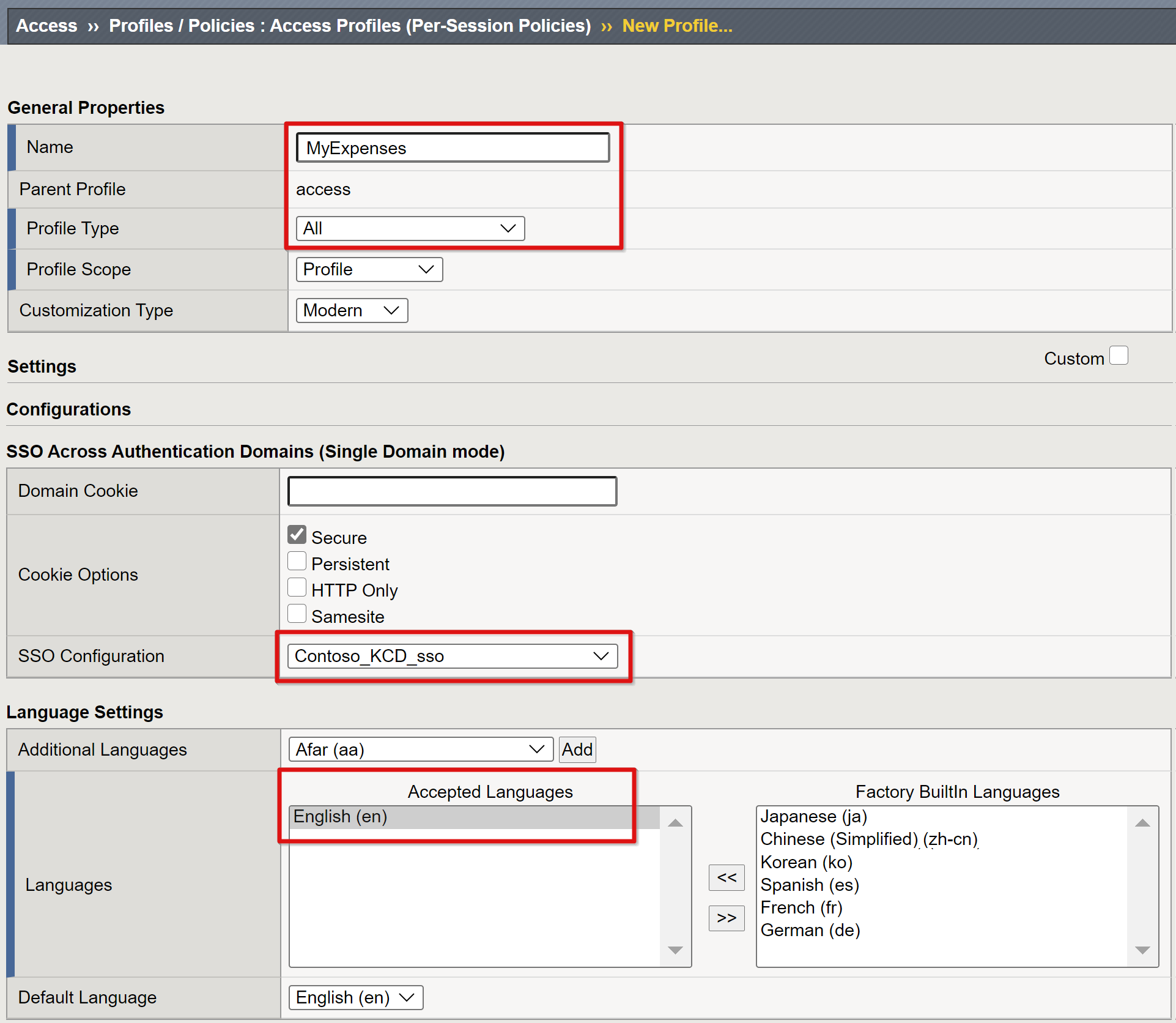 Captura de pantalla de las entradas General Properties (Propiedades generales), SSO Across Authentication Domains (SSO en dominios de autenticación) y Language Settings (Configuración de idioma).