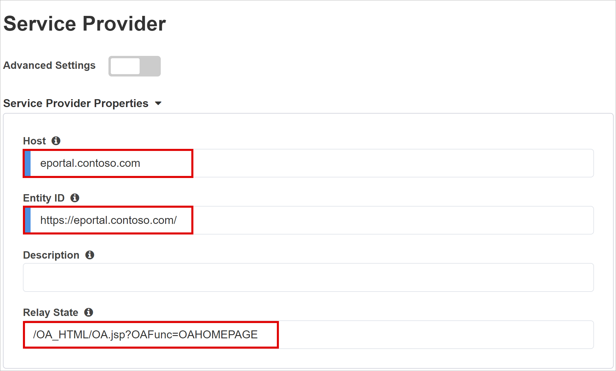 Captura de pantalla de la entrada y las opciones del proveedor de servicios.