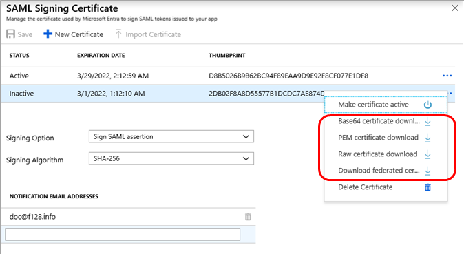 Opciones de descarga del certificado de firma de SAML (activo e inactivo).