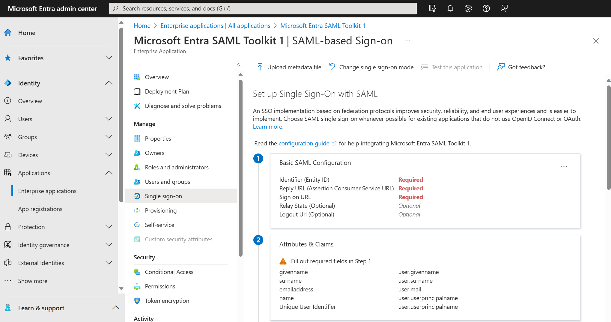 Captura de pantalla del panel de configuración de SSO de SAML.