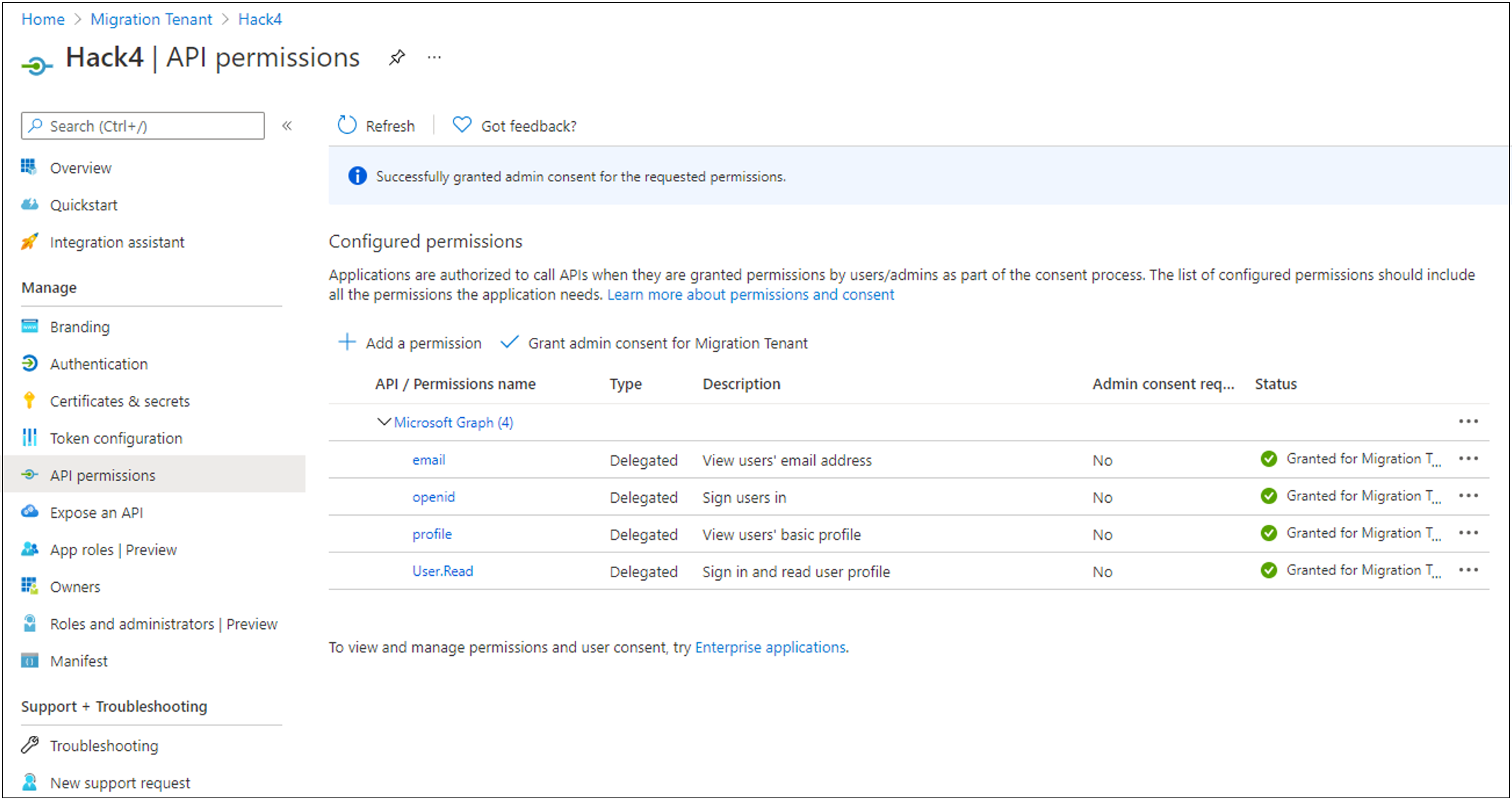 Captura de pantalla del mensaje Consentimiento del administrador concedido correctamente para los permisos solicitados, en Permisos de API.