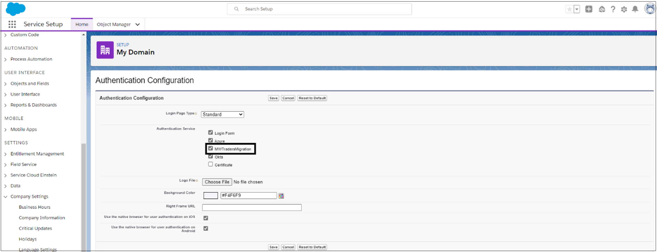 Captura de pantalla de las opciones Servicio de autenticación en Configuración de autenticación.