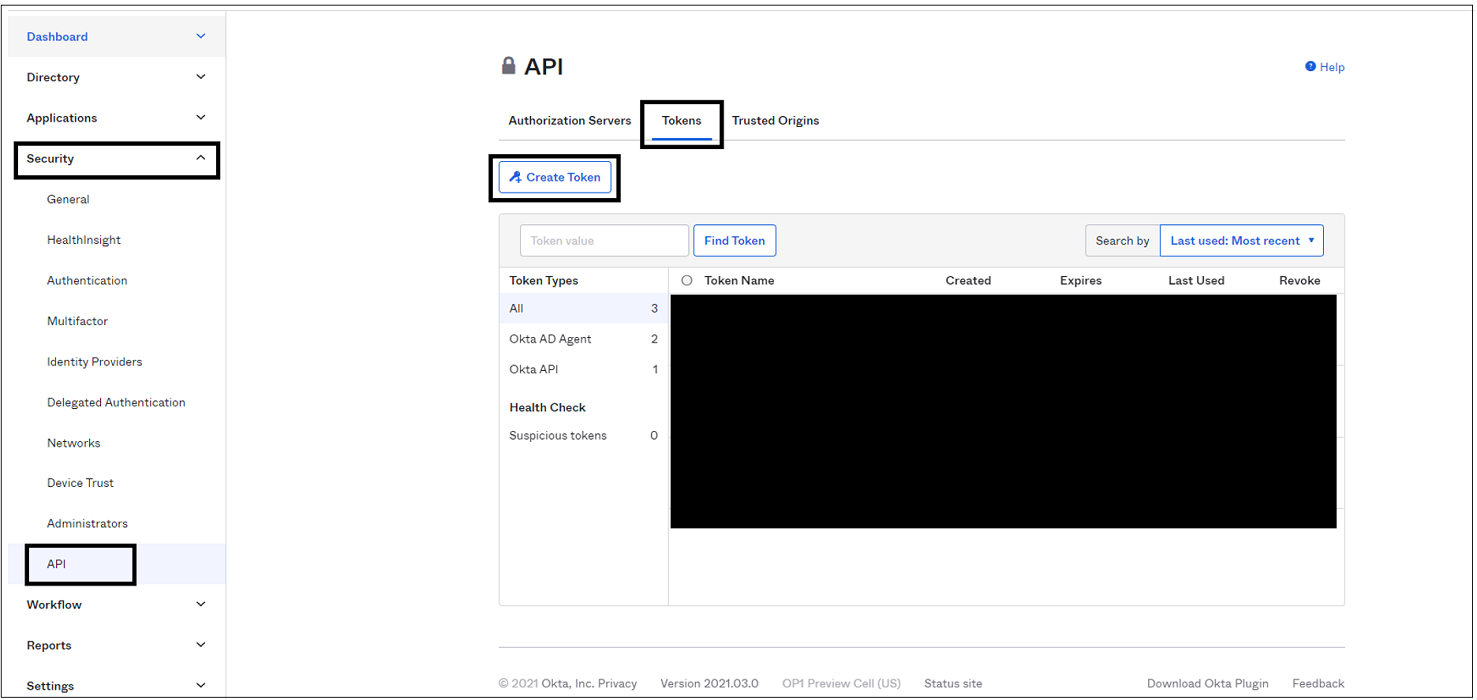 Captura de pantalla de las opciones Tokens (Tokens) y Create Tokens (Crear tokens) en Security (Seguridad).