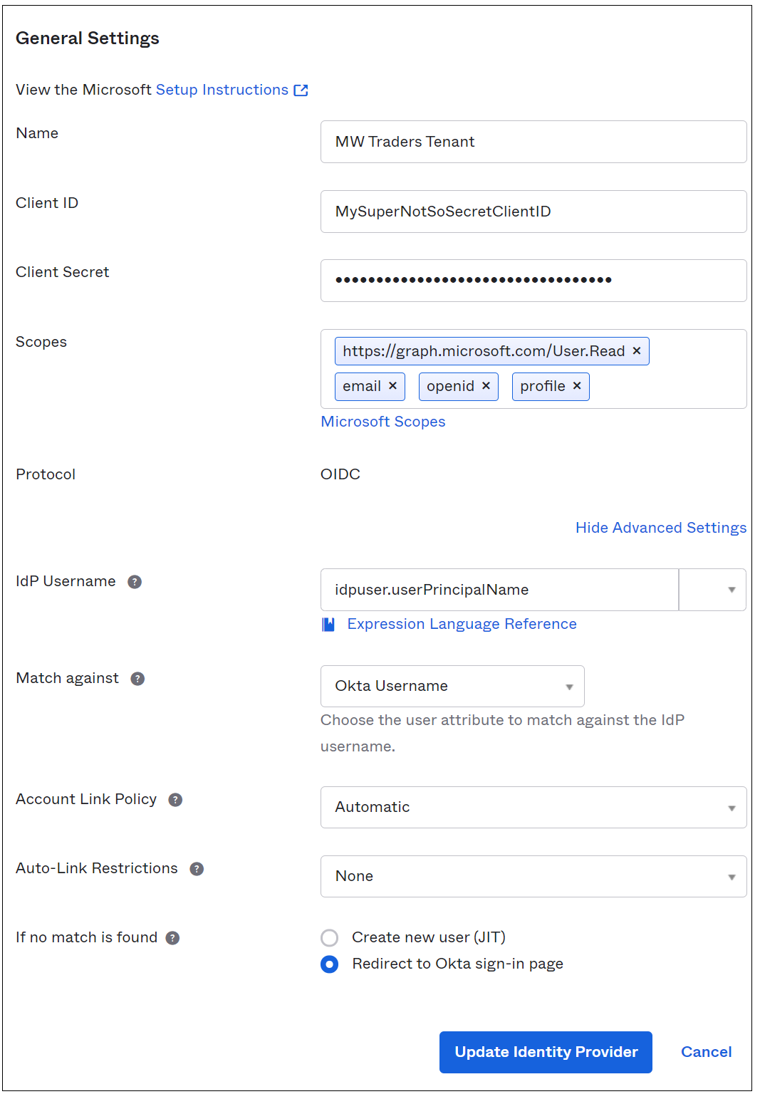 Captura de pantalla de la página Configuración general en el portal de administración de Okta. Aparece la opción para redirigir a la página de inicio de sesión de Okta.