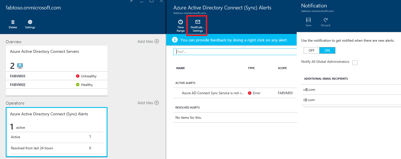 Captura de pantalla de la configuración de notificación por correo electrónico de Microsoft Entra Connect Health