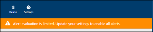Captura de pantalla del banner de alerta que indica que la evaluación de alertas es limitada. Actualice la configuración para habilitar todas las alertas.