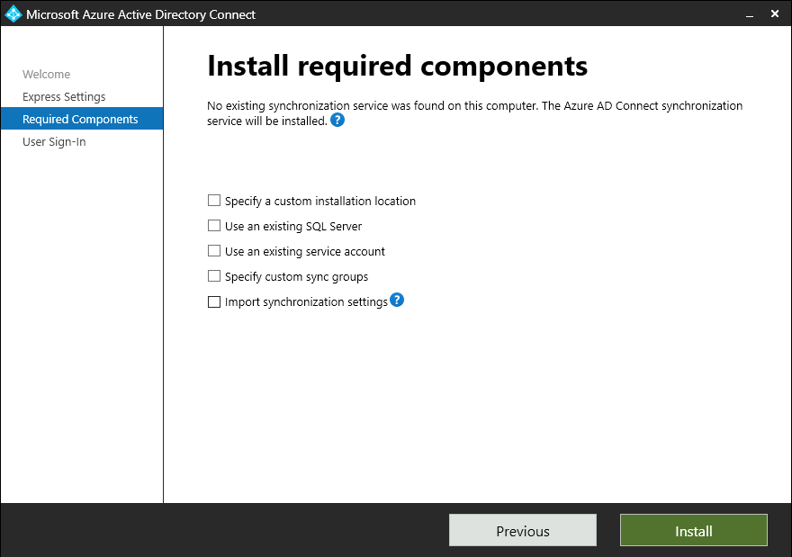 Captura de pantalla que muestra selecciones opcionales para los componentes de instalación necesarios en Microsoft Entra Connect.