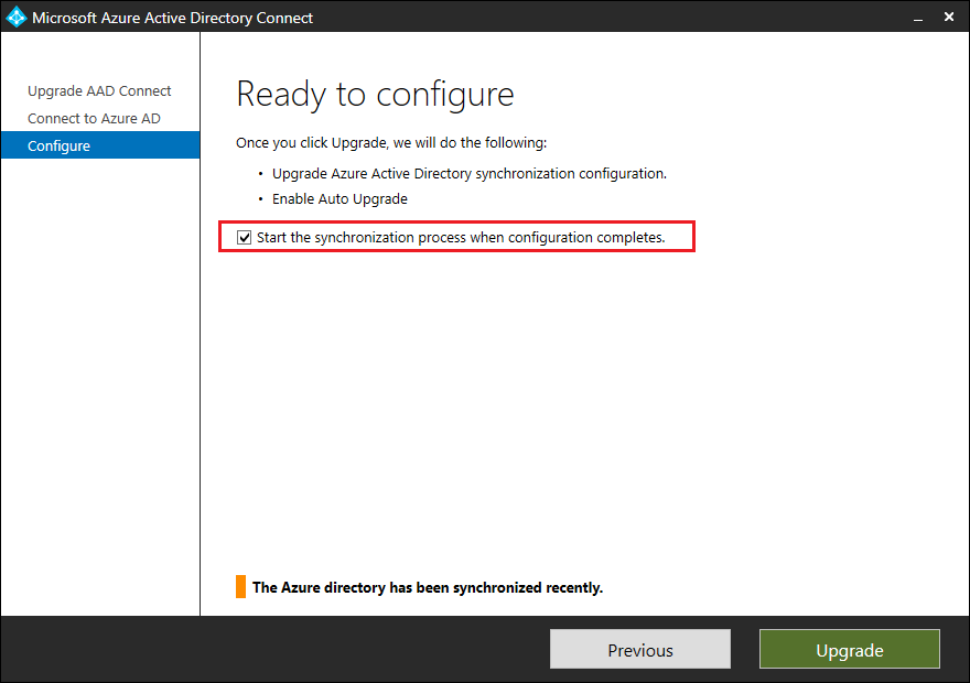 Captura de pantalla que muestra la opción Start the synchronization process when configuration completes (Iniciar el proceso de sincronización cuando finalice la configuración), que debe desactivar.