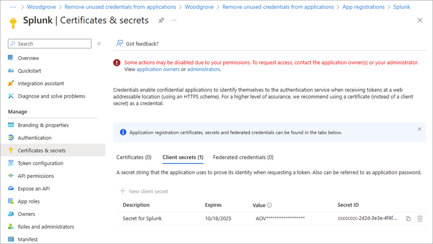 Captura de pantalla de la sección Certificados y secretos de Microsoft Entra ID.