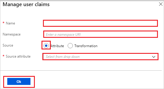 Captura de pantalla que muestra Manage user claims (Administrar reclamaciones de usuario) para escribir los valores que se describen.