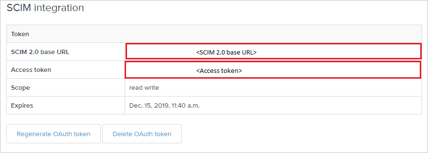 Captura de pantalla de la página de integración de SCIM. En la tabla de tokens, se resaltan los valores que se encuentran junto a SCIM 2.0 base U R L y Token de acceso.