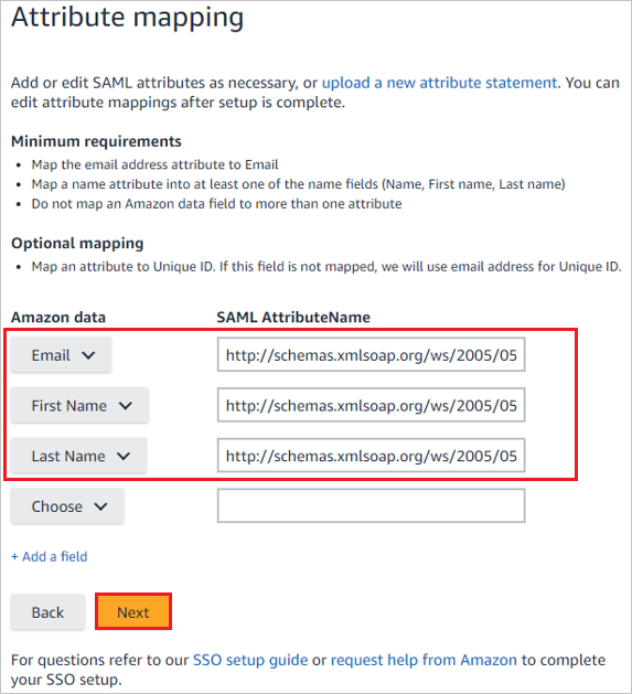 Captura de pantalla que muestra Attribute mapping (Asignación de atributos) para editar los nombres de atributo de SAML de los datos de Amazon.