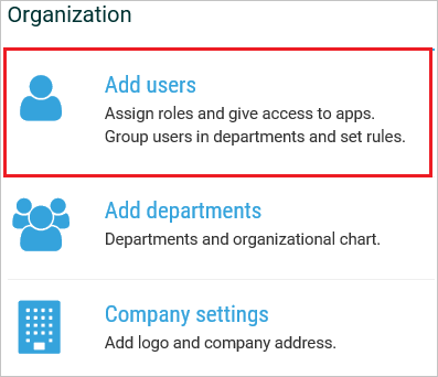 Captura de pantalla que muestra la sección Organization (Organización) con Add users (Agregar usuarios) seleccionado.