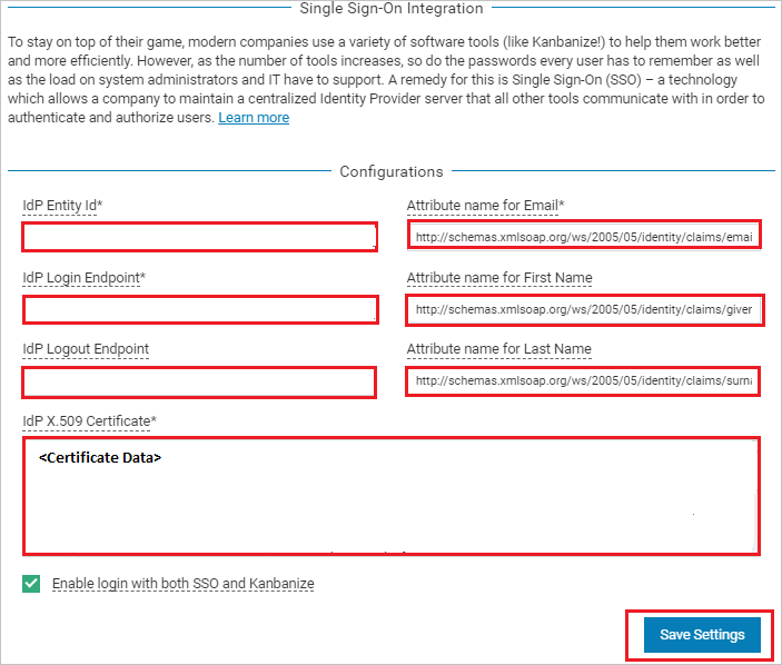 Captura de pantalla que muestra la página Single Sign-On Integration (Integración del inicio de sesión único), donde se especifican los valores de este paso.