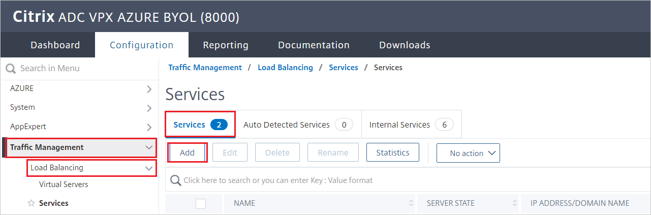 Captura de pantalla de la configuración de Citrix ADC SAML Connector for Microsoft Entra: panel de servicios.