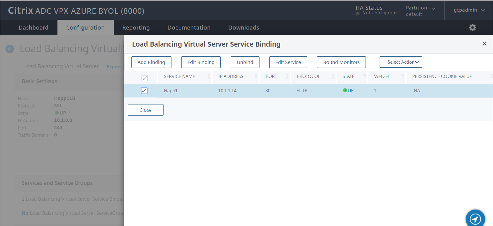 Captura de pantalla de la configuración de Citrix ADC SAML Connector for Microsoft Entra: comprobación del enlace de servicios de servidor virtual.