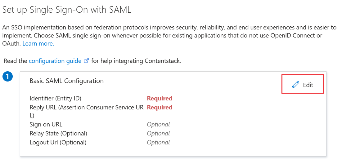 Captura de pantalla que muestra cómo editar una configuración básica de SAML.