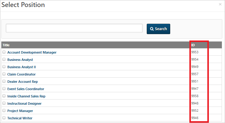 Lista de posiciones en el aprovisionamiento de Cornerstone OnDemand