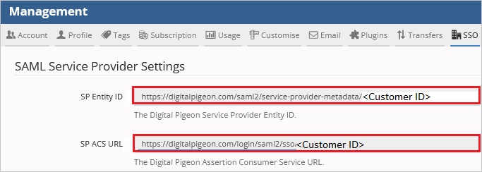 Captura de pantalla que muestra la configuración del proveedor de servicios SAML de Digital Pigeon.