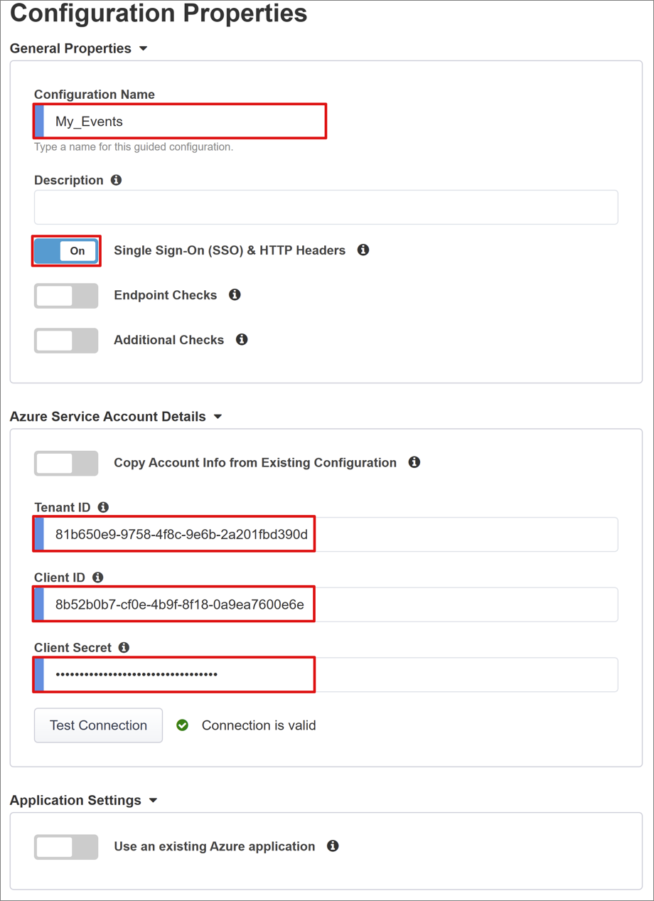 Captura de pantalla de configuración: propiedades generales y de cuenta de servicio.