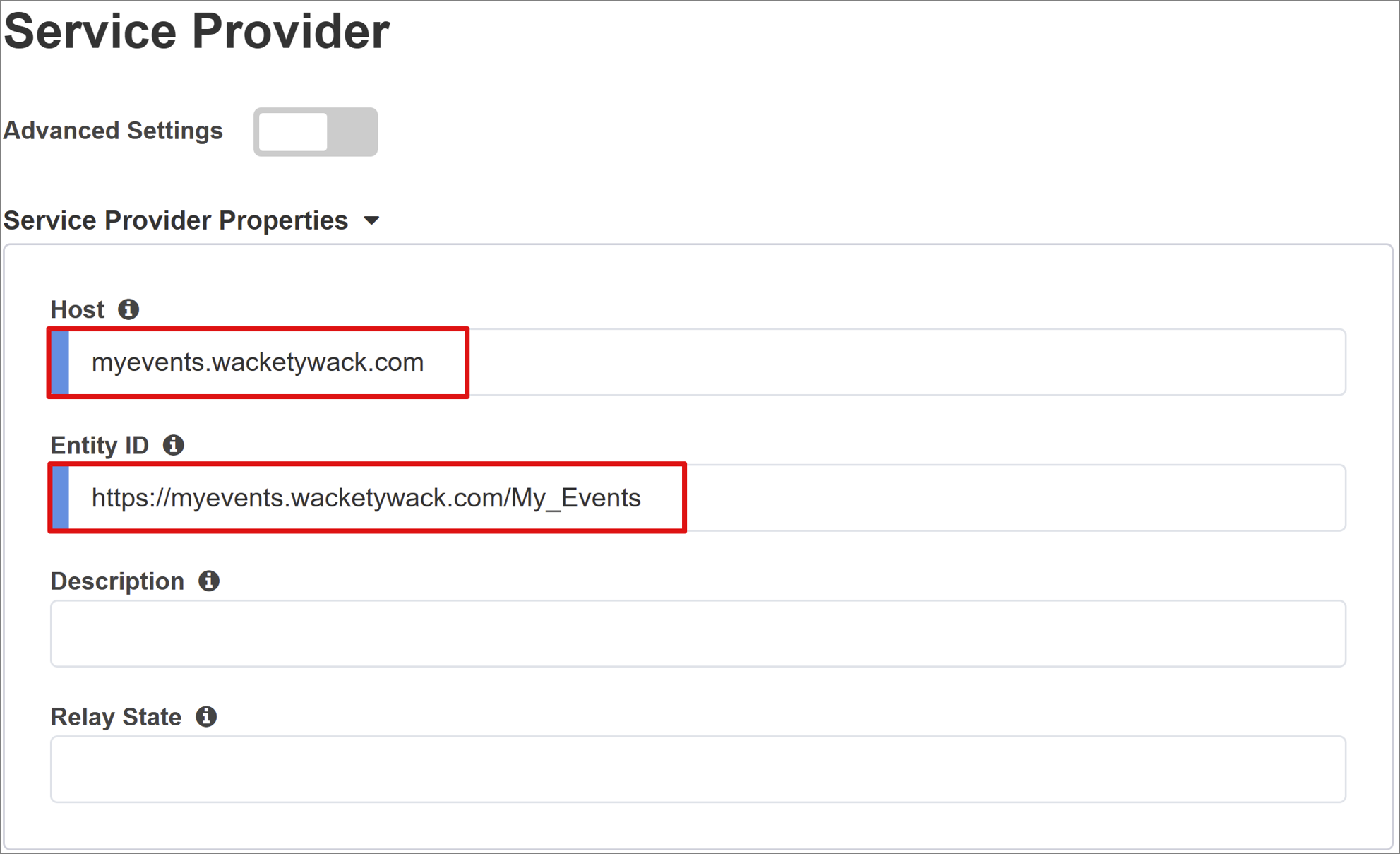 Captura de pantalla de la configuración del proveedor de servicios