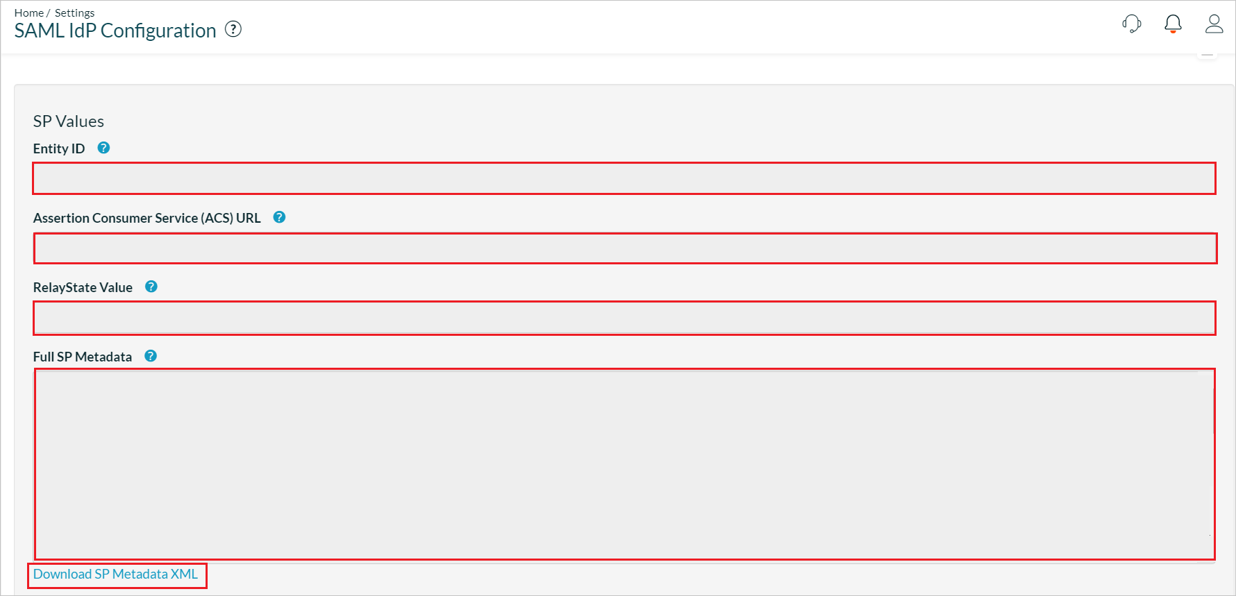 Captura de pantalla que muestra la página SAML IdP Configuration (Configuración del IdP de SAML).