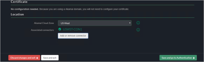 Captura de pantalla de la consola de Akamai EAA que muestra la configuración del certificado y la ubicación. El conector asociado se establece en USWST-CON1.