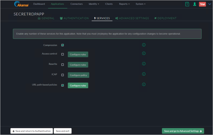 Captura de pantalla de la pestaña Servicios de la consola de Akamai EAA para SECRETRDPAPP que muestra el botón Guardar e ir a configuración avanzada en la esquina inferior derecha.