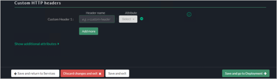 Captura de pantalla de la configuración de los encabezados HTTP personalizados de la consola de Akamai EAA para SSH-SECURE con el botón Guardar e ir a implementación en la esquina inferior derecha.