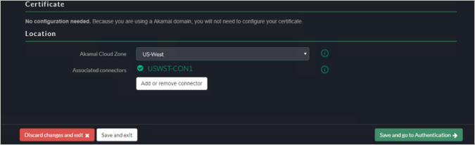 Captura de pantalla de la consola de Akamai EAA que muestra la configuración del certificado y la ubicación.