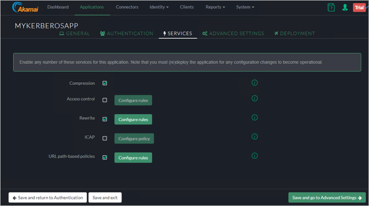 Captura de pantalla de la pestaña Servicios para MYKERBOROSAPP de la consola de Akamai EAA.