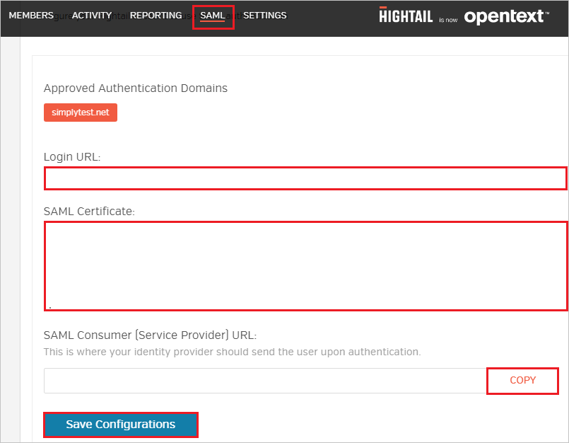 Screenshot shows the SAML tab where you can enter the Login U R L and SAML Certificate.