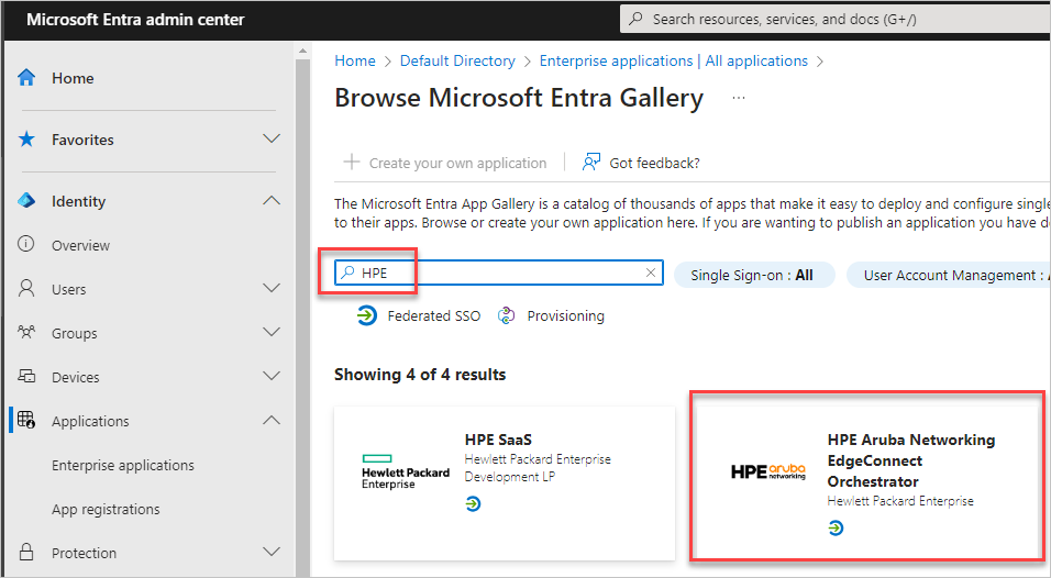 Captura de pantalla que muestra cómo seleccionar HPE Aruba Networking EdgeConnect Orchestrator.