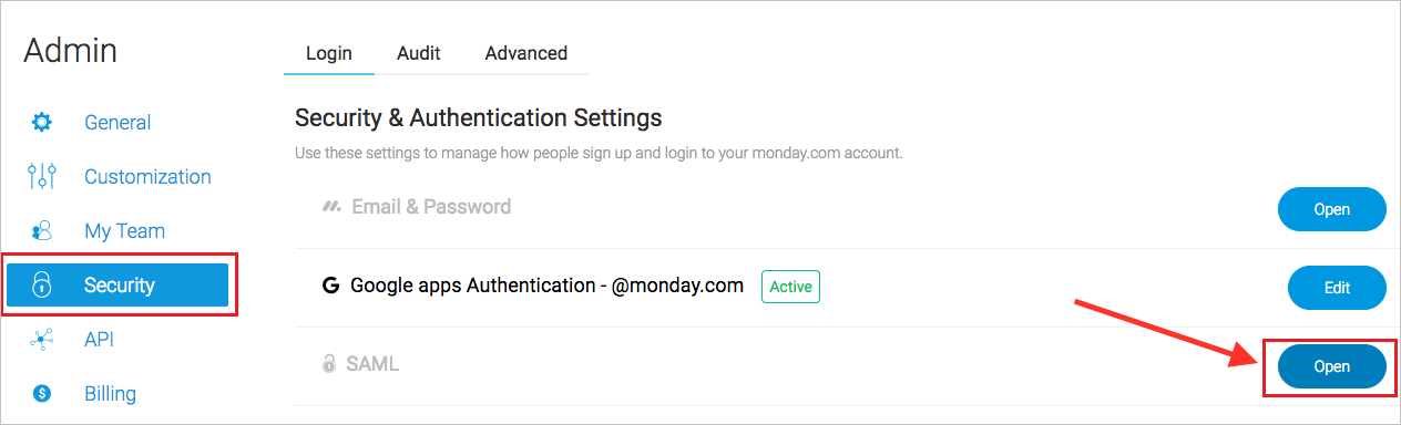 Screenshot shows the Security tab with the option to Open next to SAML.