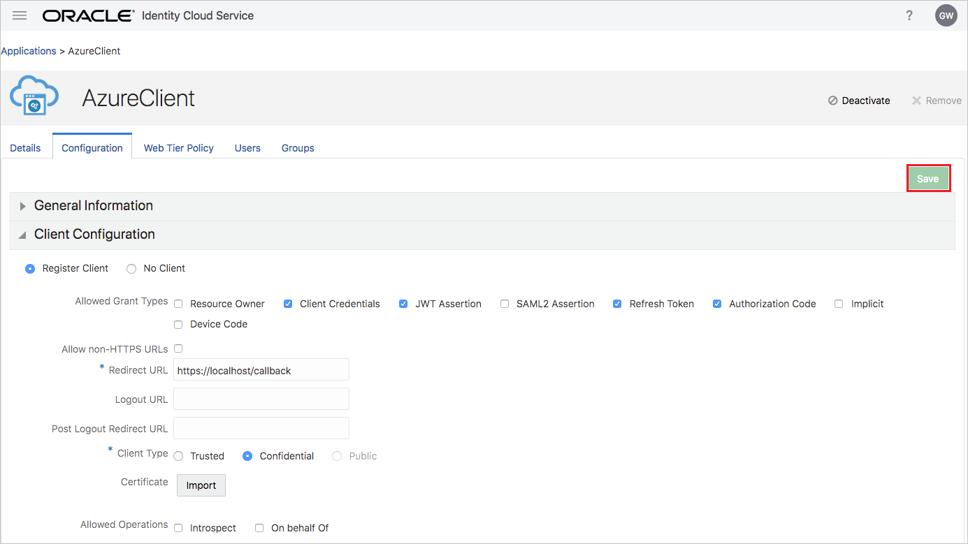 Captura de pantalla que muestra la configuración de Oracle.