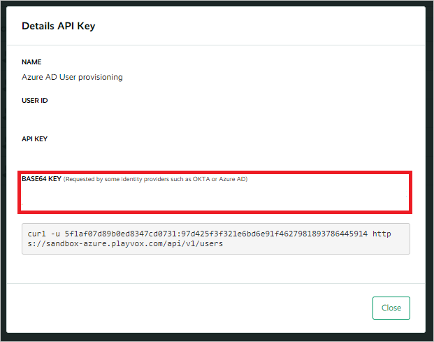 Captura de pantalla del cuadro de mensaje API Key (Clave de API) de la sección Details (Detalles) con el valor BASE64 KEY (Clave BASE64) resaltado.